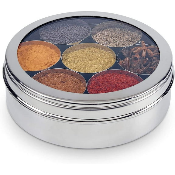 Mother's Day Gifts Stainless Steel See Through Spice Masala Box Container 7 Containers and 2 Small Spoon Masala Box Indian Masala Dabba With Size 9 X 9 Inches | Masala Box For Kitchen