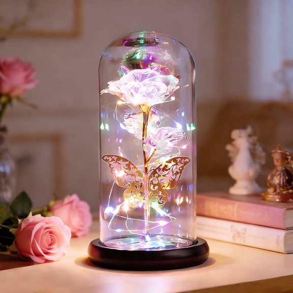 Mother's Day Gifts, Valentine's Day Gifts for Women, Light up Rose in Dome with Butterfly, Birthday Present for Her, Eternal Floral Gift for Wife Mom Grandma Sister