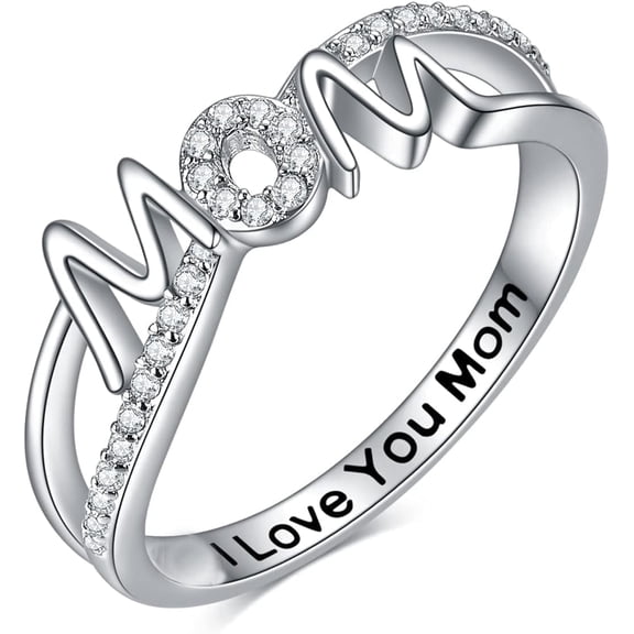 Mother's Day Gifts for Mother, I Love You Mom Ring 14K White Gold Plated Mom Mother Rings Jewelry Gifts for Mom Mama Nana