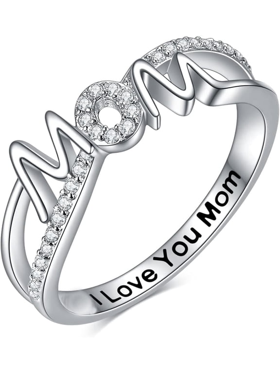 Mother's Day Gifts for Mother, I Love You Mom Ring 14K White Gold Plated Mom Mother Rings Jewelry Gifts for Mom Mama Nana