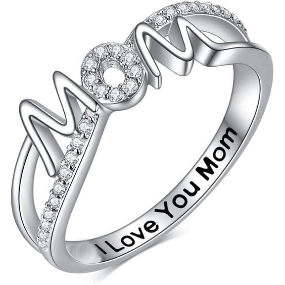 Valentine Day Gifts for Mother, I Love You Mom Ring 14K White Gold Plated Mom Mother Rings Jewelry Gifts for Mom Mama Nana