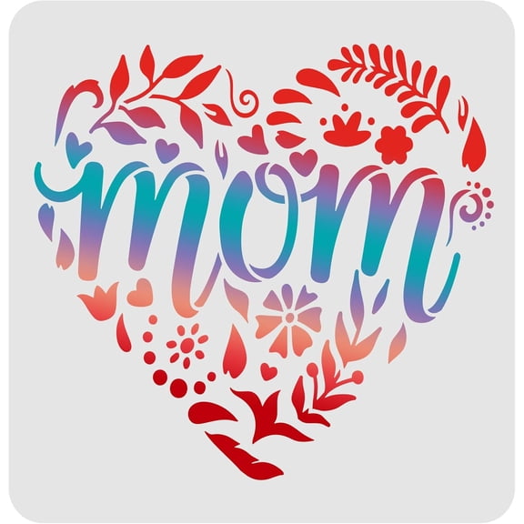 Mother's Day Heart Pattern Drawing Stencils Templates (11.8x11.8 inch) Heart Pattern Word: Mom Decoration Stencils for Painting Wood Floor Wall Fabric White