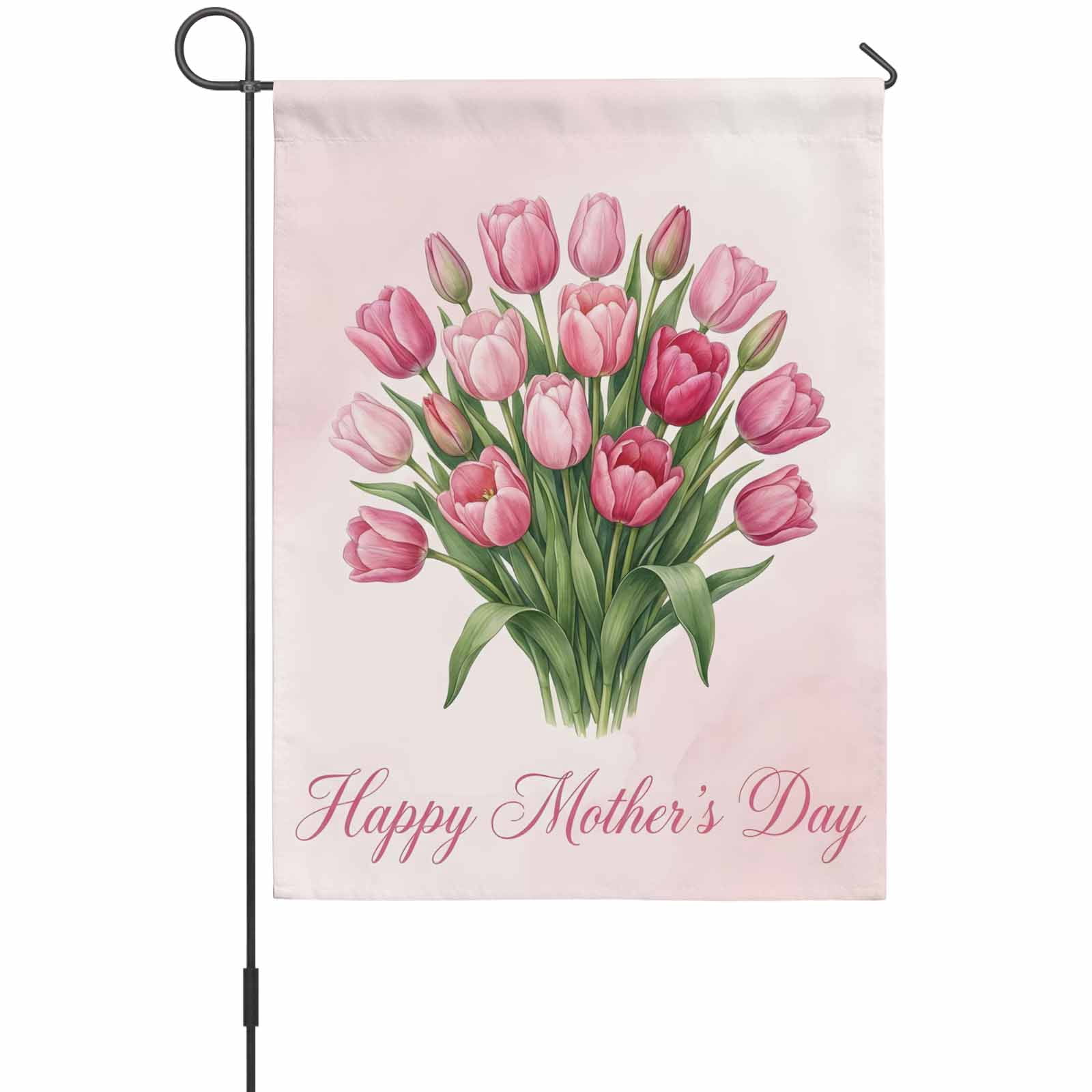 Mother's Day House Flag 28 x 40 Inches, Pink Tulips Watercolor Flower Weather Proof Outdoor Patio Flags Double Sided Small House Decoration for Yard Lawn Outside Home