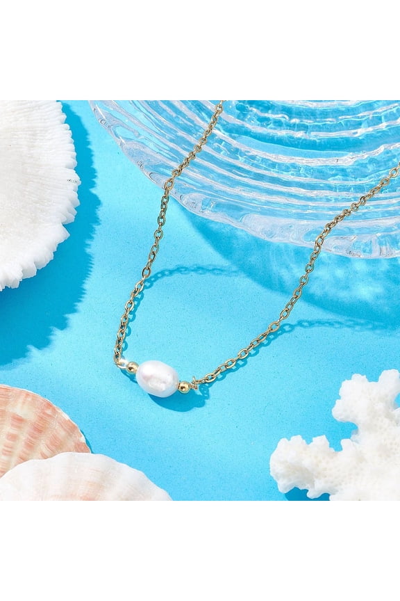 Mother's Day Jewellery Natural Cultured Freshwater Pearl Pendant Necklaces 304 Stainless Steel Jewelry for Women Golden Rice 16.73 inch(42.5cm)