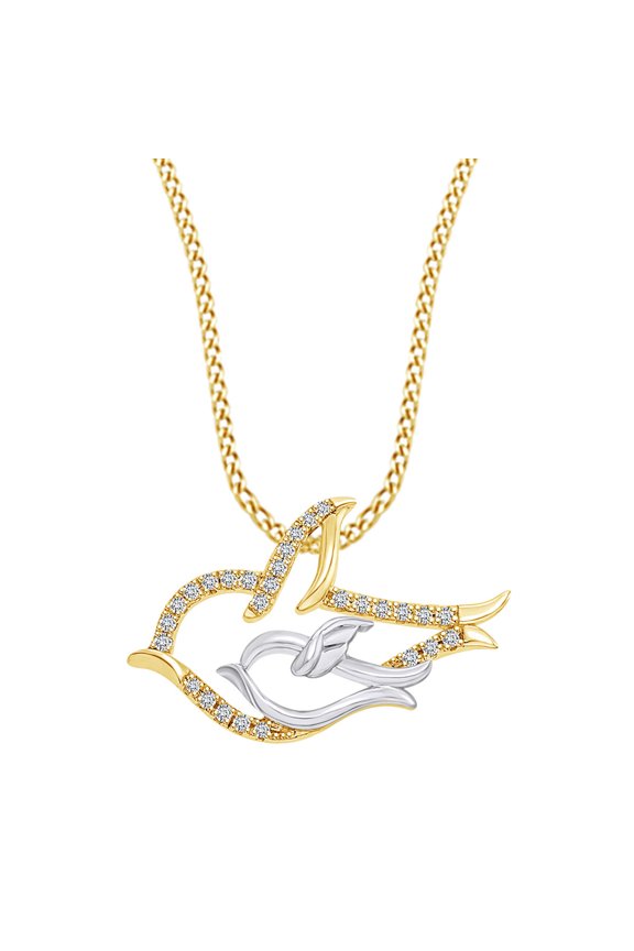Mother's Day Jewelry Gift 0.1 Carat (Cttw) White Natural Diamond Two Tone Pigeon Mom Pendant Necklace 14K Yellow Gold Over Sterling Silver