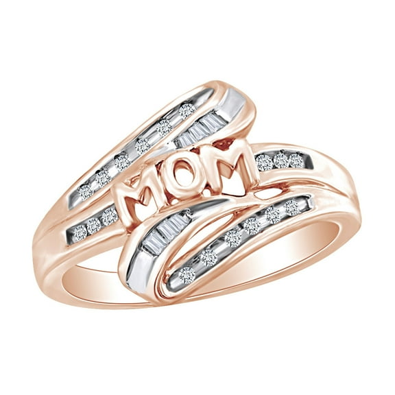 AFFY Mother's Day Jewelry Gift Round & Baguette Cut White Natural Diamond Bypass Mom Ring In 14k Rose Gold Over Sterling Silver Ring Size-5.5