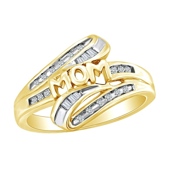 Mother's Day Jewelry Gift Round & Baguette Cut White Natural Diamond Bypass Mom Ring In 14k Yellow Gold Over Sterling Silver Ring Size-8.5