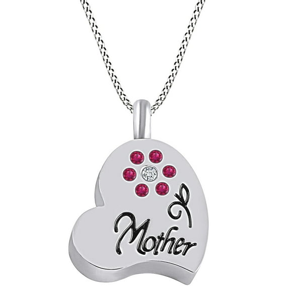 AFFY Mother's Day Jewelry Gift Simulated Ruby & White Cubic Zirconia Mom Forever In my Heart Pendant Necklace 14k White Gold Over Sterling Silver