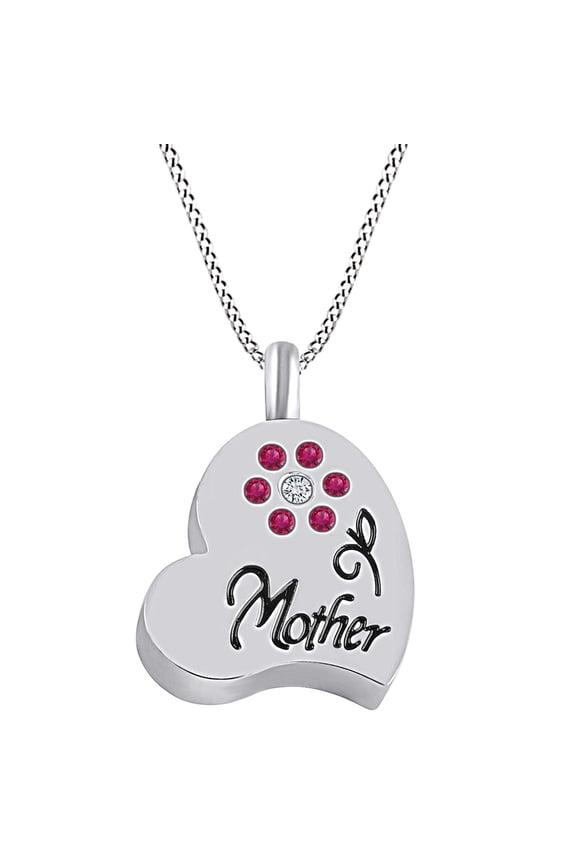 Mother's Day Jewelry Gift Simulated Ruby & White Cubic Zirconia Mom Forever In my Heart Pendant Necklace 14k White Gold Over Sterling Silver
