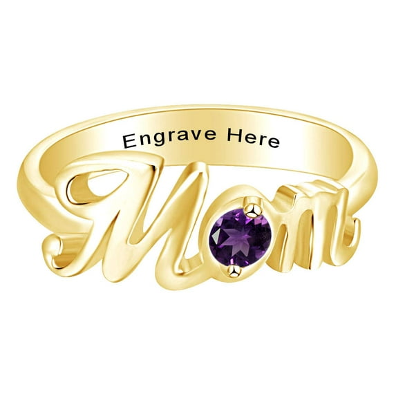 AFFY Jewelry Gifts Personalized Round Simulated Amethyst Mom Promise Band Ring in 14k Yellow Gold Over Sterling Silver Ring Size-10