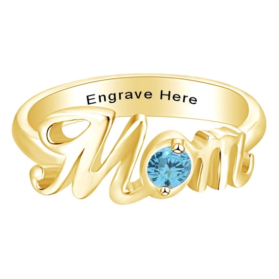AFFY Jewelry Gifts Personalized Round Simulated Aquamarine Mom Promise Band Ring in 14k Yellow Gold Over Sterling Silver Ring Size-7.5