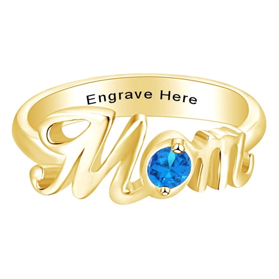 AFFY Jewelry Gifts Personalized Round Simulated Blue Topaz Mom Promise Band Ring in 14k Yellow Gold Over Sterling Silver Ring Size-7