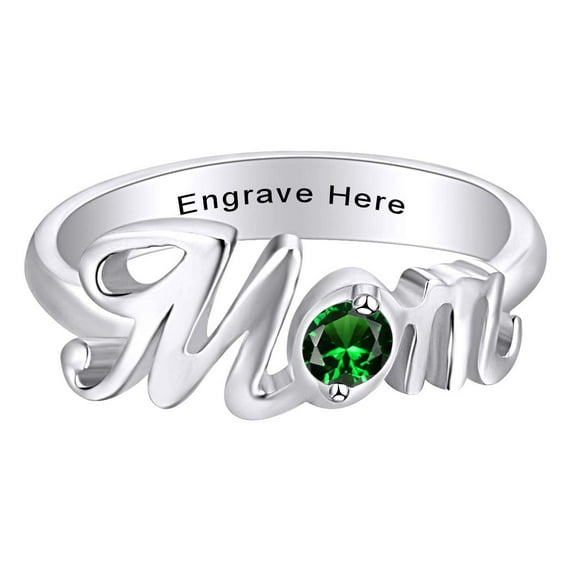 AFFY Jewelry Gifts Personalized Round Simulated Emerald Mom Promise Band Ring in 14k White Gold Over Sterling Silver Ring Size-8
