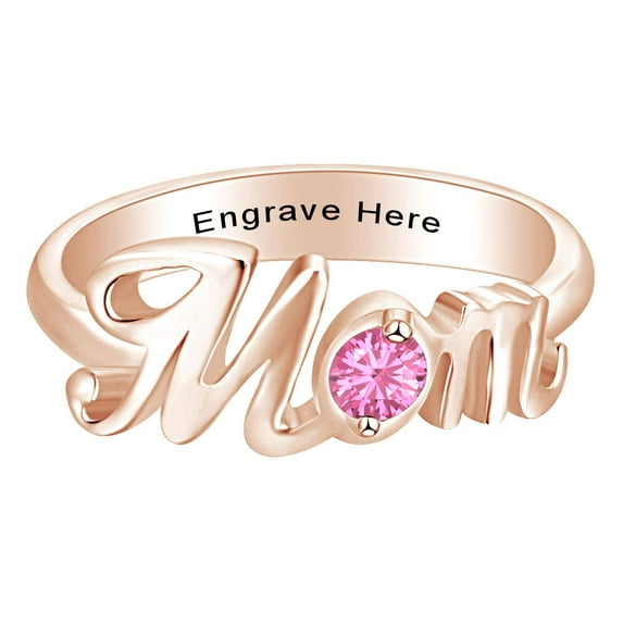 AFFY Jewelry Gifts Personalized Round Simulated Tourmaline Mom Promise Band Ring in 14k Rose Gold Over Sterling Silver Ring Size-10