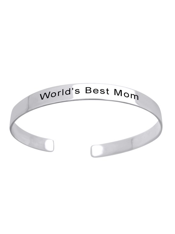 Mother's Day Jewelry Gifts Customized " WORLD'S BEST MOM " Inspirational Mom Positive Messaged Cuff Bracelet In 14k White Gold Over Sterling Silver