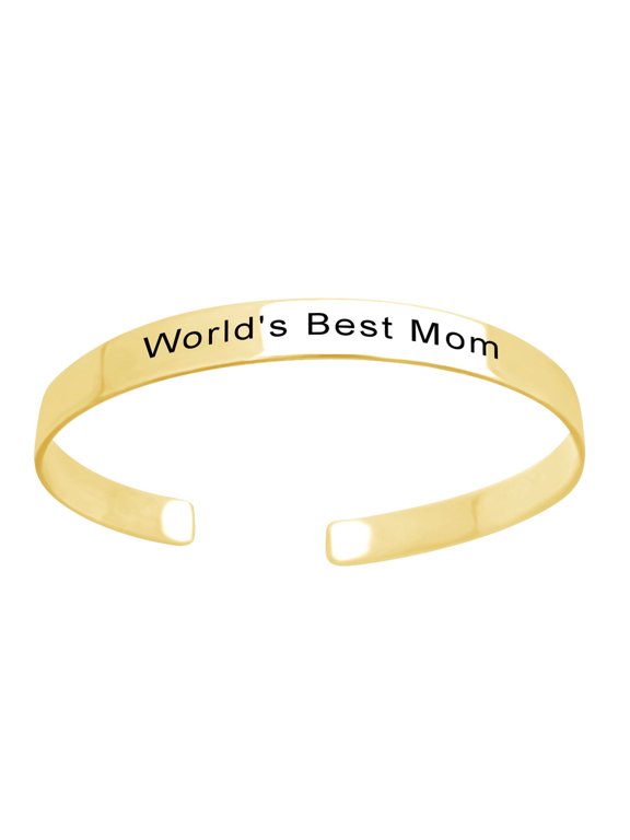 Mother's Day Jewelry Gifts Customized " WORLD'S BEST MOM " Inspirational Mom Positive Messaged Cuff Bracelet In 14k Yellow Gold Over Sterling Silver