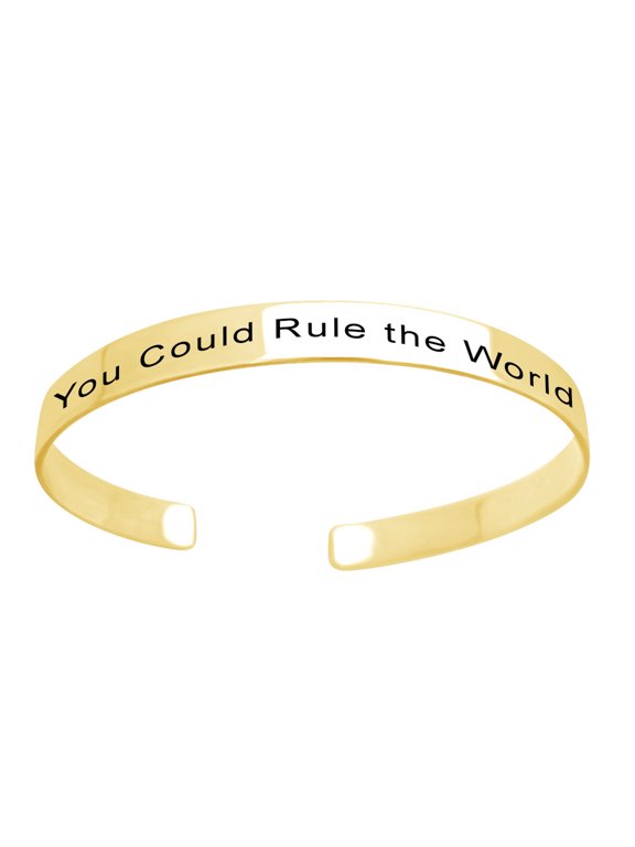Mother's Day Jewelry Gifts Customized " YOU COULD RULE THE WORLD " Inspirational Mom Positive Messaged Cuff Bracelet In 14k Yellow Gold Over Sterling Silver