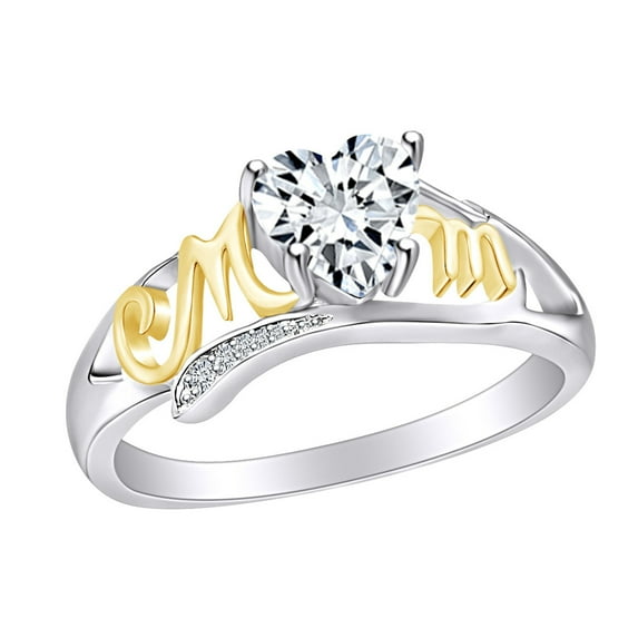 Mother's Day Jewelry Gifts Heart & Round White Cubic Zirconia Two Tone Mom Heart Promise Ring In 14k White Gold Over Sterling Silver Ring Size-5.5