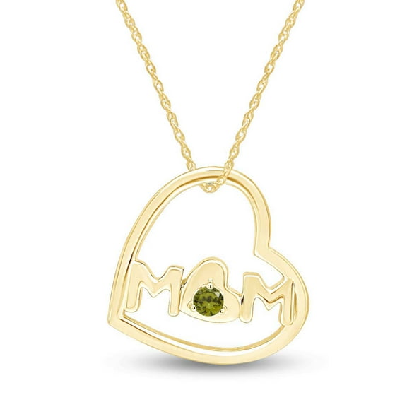 AFFY Mother's Day Jewelry Gifts Round Cut Simulated Peridot Open Heart Mom Pendant Necklace In 14k Yellow Gold Over Sterling Silver