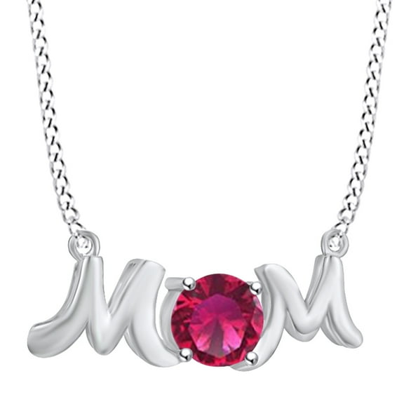 AFFY Mother's Day Jewelry Gifts Round Shape Simulated Ruby Mom Pendant Necklace In 14k White Gold Over Sterling Silver