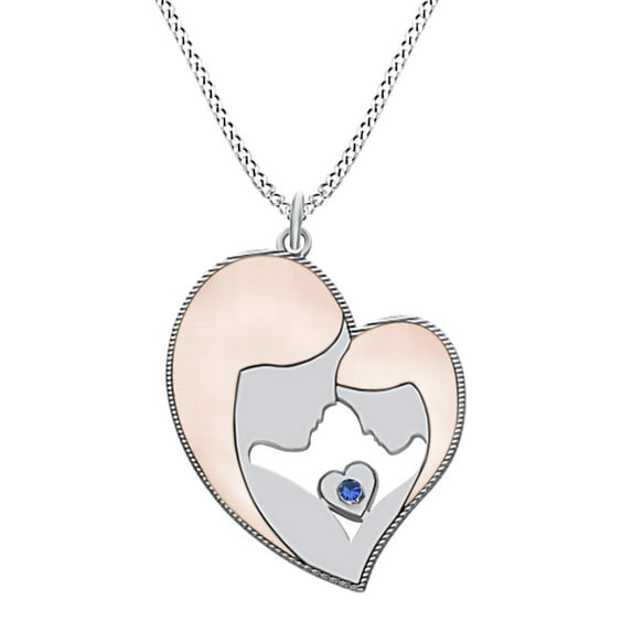 AFFY Mother's Day Jewelry Gifts Round Simulated Blue Sapphire Two Tone Mom Heart Frame Pendant Necklace In 14k White Gold Over Sterling Silver