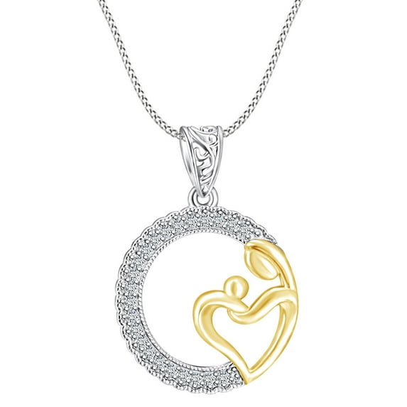 AFFY Mother's Day Jewelry Gifts White Cubic Zirconia Two Tone Circle Frame Mom Pendant Necklace In 14k White Gold Over Sterling Silver