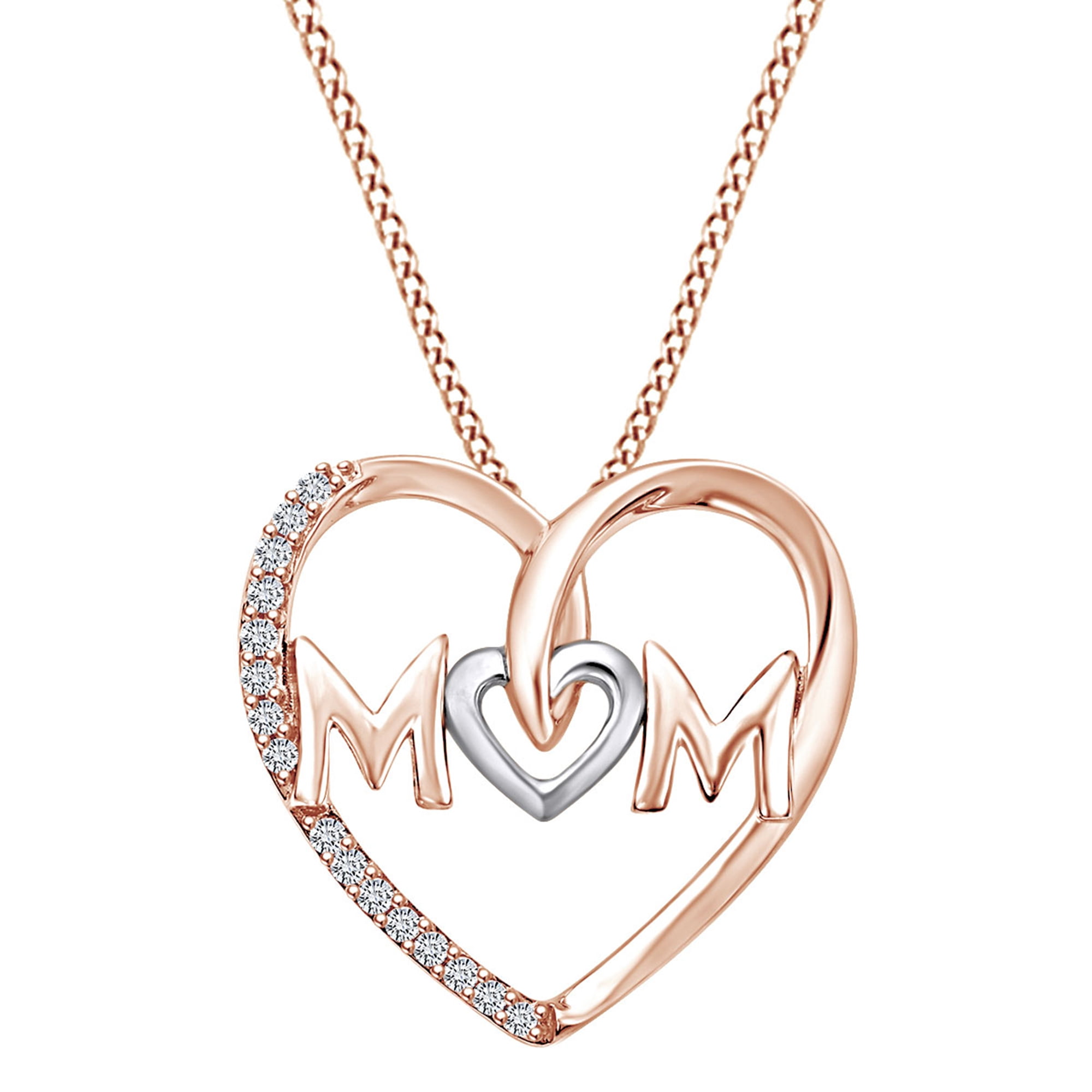 AFFY Mother s Day Jewelry Gifts White Natural Diamond Two Tone Mom Heart Pendant Necklace In 14k Rose Gold Over Sterling Silver 0.10 Cttw