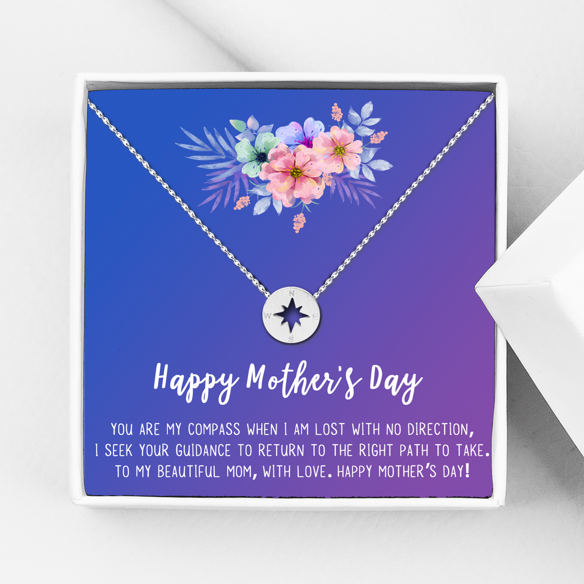 Mother's Day Jewelry For Mom, Mother's Day Necklace, Gift for Mom, Mother's Day Jewelry Gifts, Gift for Her, Mother's Day Necklace, with Gift Box [Silver Compass, No Personalized Blue-Purple Card]