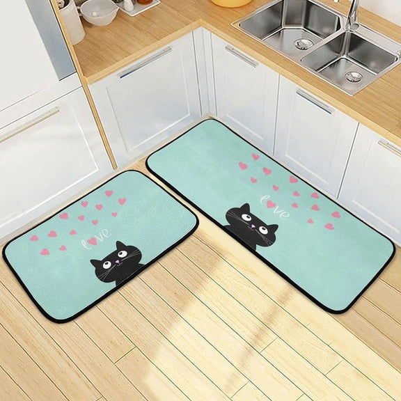 Mother''s Day Kitchen Rugs Set of 2 Cute Black Cat Kitchen Mat Heart Cushioned Floor Mat Non Slip Washable Standing Desk Mats Anti Fatigue Doormat for Home Office Sink Laundry Hallway Entryway