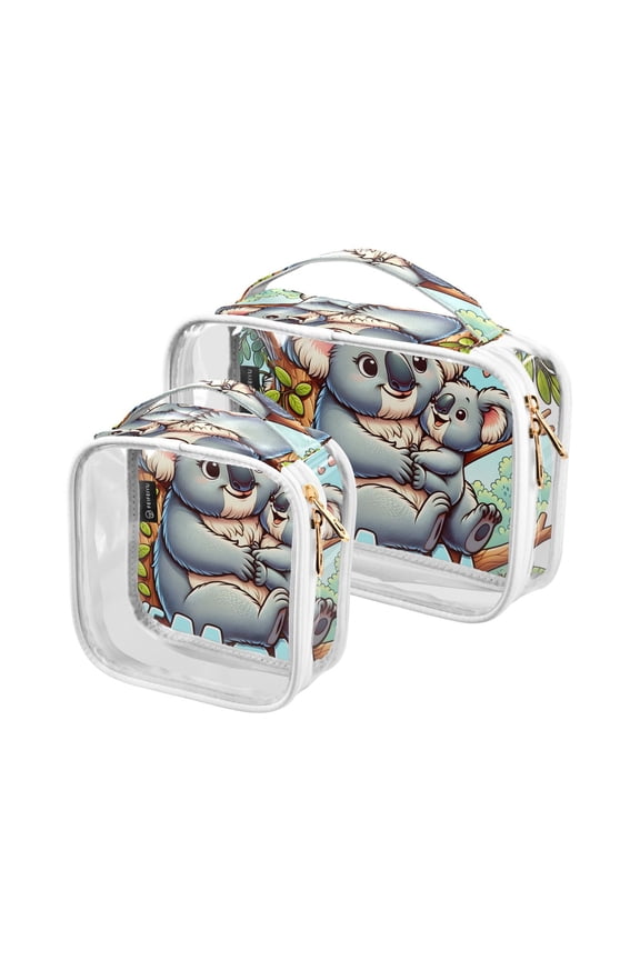 Mother's Day Koala Leaves Clear Cosmetic Bags with Handles PVC Toiletry Bags Zipper Waterproof Portable for Traveling 2 Pcs