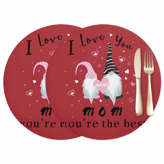 Mother's Day Leather Placemats Set of 2, 12 Inch, Best Mama Gnome Love Gift Red Waterproof Oil-Proof Place Mats, Non-Slip Table Mats for Kitchen, Dining Room, Indoor Outdoor