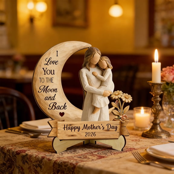 Mother's Day Limited Wooden Ornament,Wooden Heart & Moon Plaque – Personalized Mother's Day Gift , Wood Table Decor for Mom, Always & Forever Keepsake, Modern Minimalist Home Accent