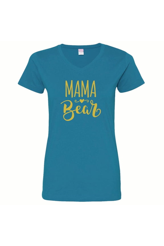Mother's Day Mama Bear with Heart Women's V-Neck Fine Jersey Tee-Vintage Cobalt-Small Black