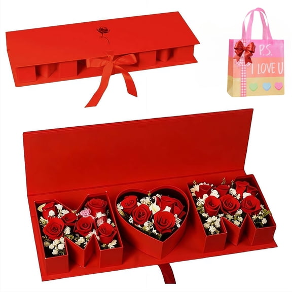Mother's Day Mom Flower Gift Box with Empty MOM Letter Shaped Box Gift Bags Greeting Cards, Large Flower Boxes with Ribbon, Suitable for Mother's Day Birthday Flowers and Arrangements