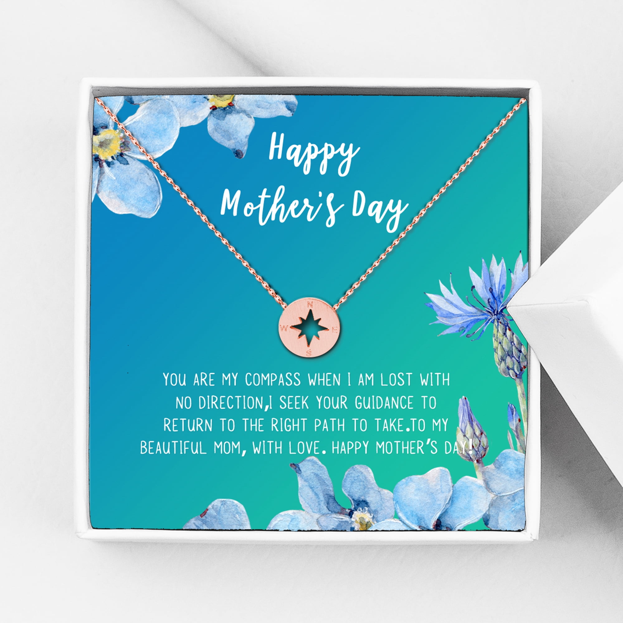 Mother's Day Necklace and Card, Gift for Mom, Gift for Her, Card Necklace Mother's Day Present, Heart Necklace for Mother's Day, Pendant Necklace for Mother [Rose Gold Compass, 18" Chain]