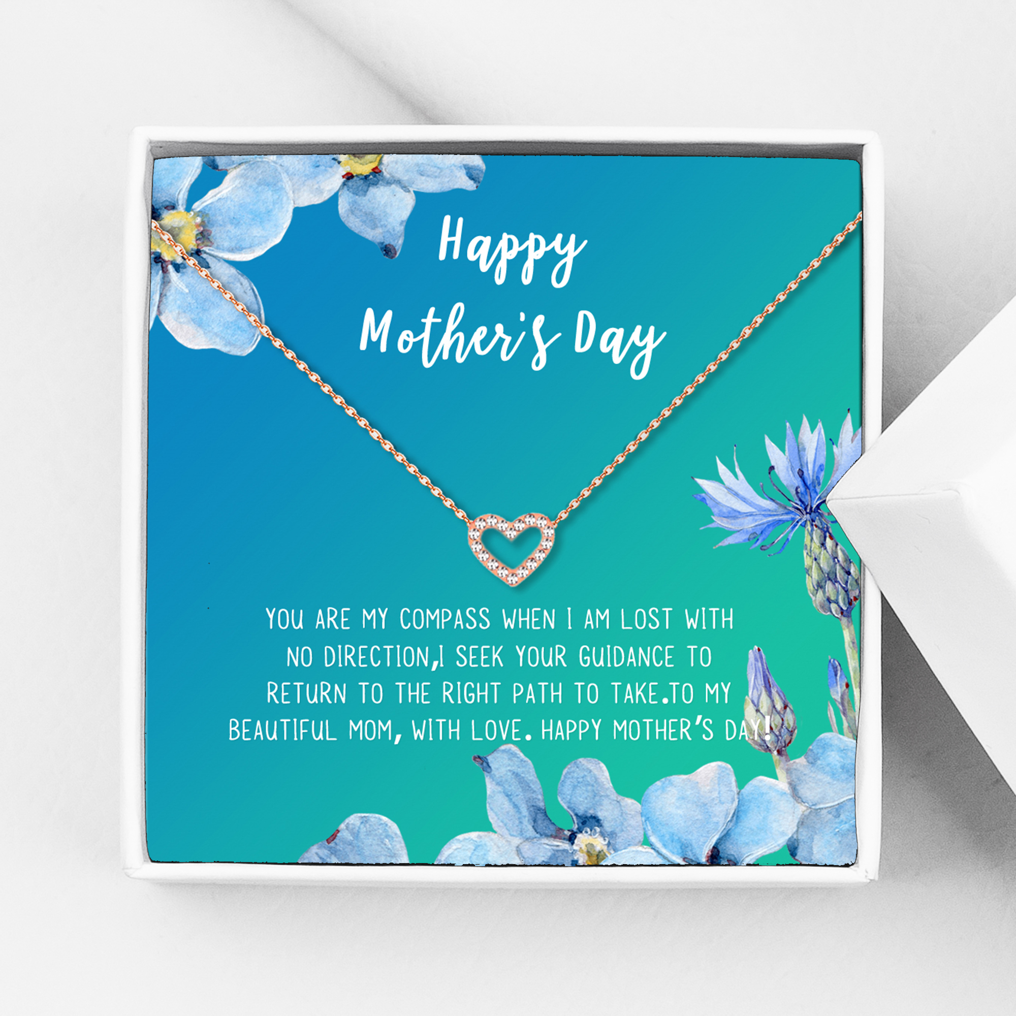 Mother's Day Necklace and Card, Gift for Mom, Gift for Her, Card Necklace Mother's Day Present, Heart Necklace for Mother's Day, Pendant Necklace for Mother [Rose Heart, 18" Chain]