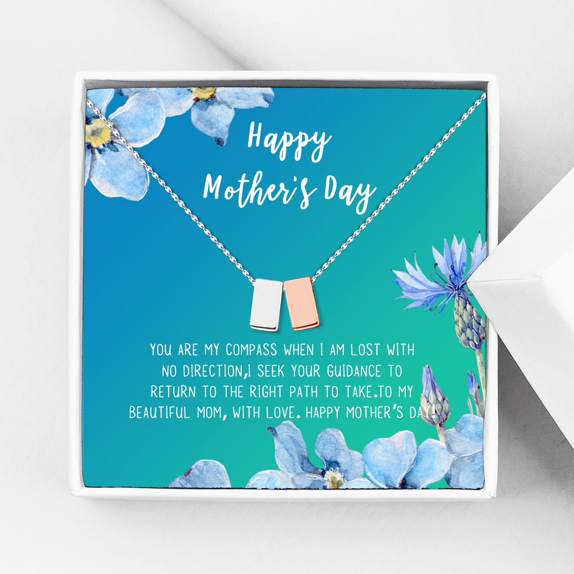 Mother's Day Necklace and Card, Gift for Mom, Gift for Her, Card Necklace Mother's Day Present, Heart Necklace for Mother's Day, Pendant Necklace for Mother [Silver and RG Cube, 18" Chain]
