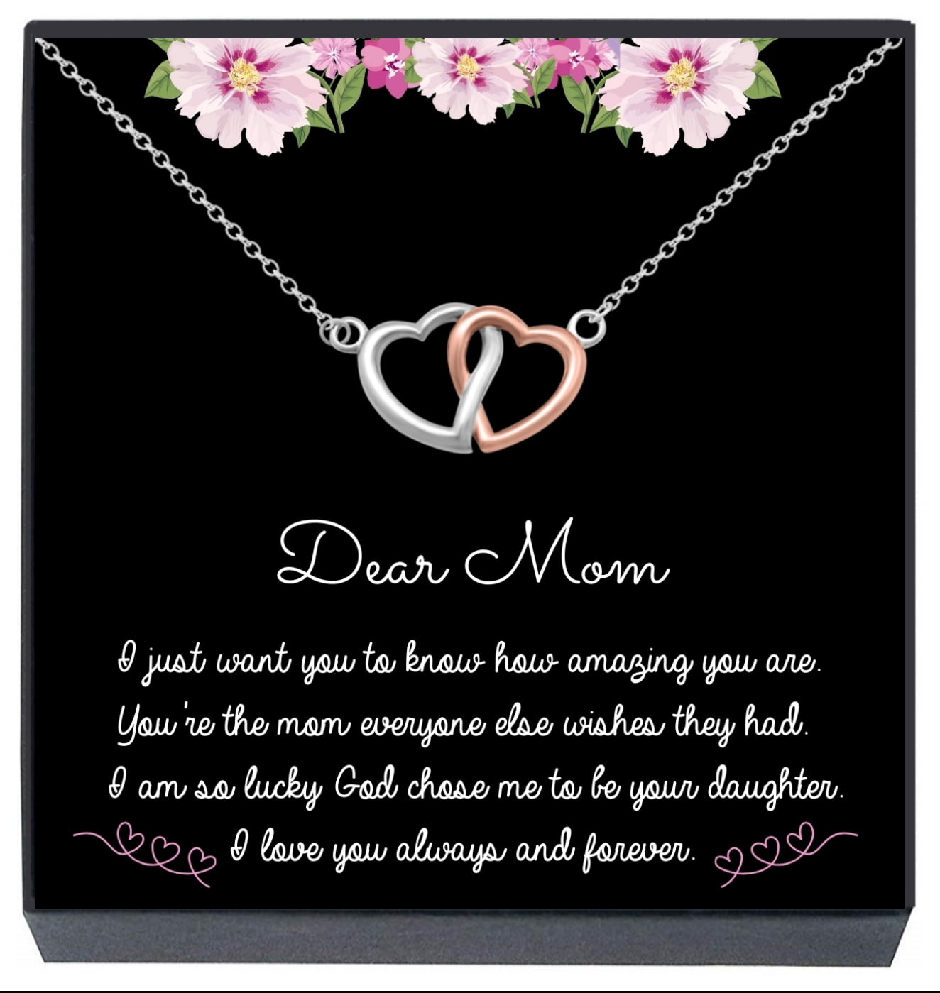 Mother's Day Necklace for Mom, Mother Jewelry Gifts from Daughter, Double Heart Pendant Necklace on Card "Dear Mom I Love You Forever"