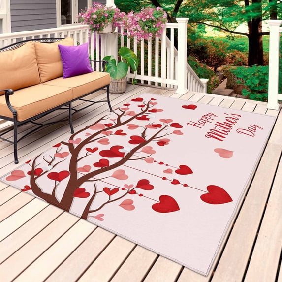 Mother's Day Outdoor Rug 6x9 Ft, Non Slip Washable Area Rug, Romance Love Tree Branches Pink Patio Rugs Carpet Runner, Large Floor Mat for Indoor/Outdoor Deck Porch Camping