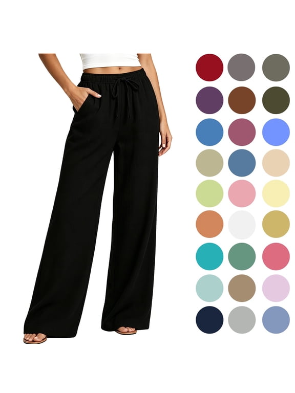Womens Pants,Cotton-Linen Wide Leg Drawstring Elastic Waist Pants with Pockets,Black,Size S