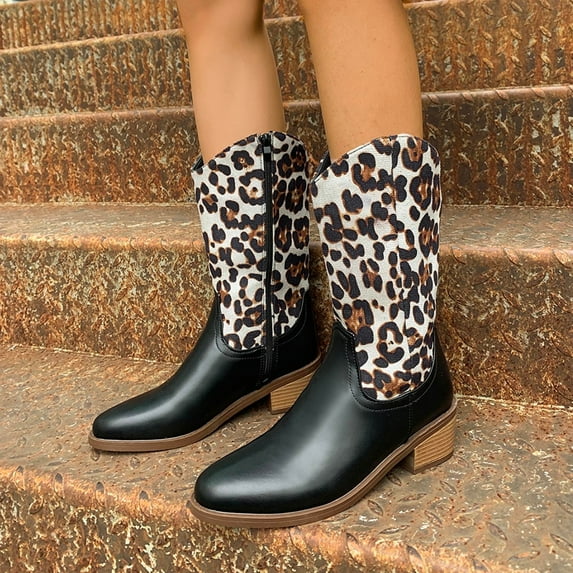Mother's Day POROPL Ladies Boots Knee High Winter Knee High Side Zipper Mid Heel Leopard Print Boots for Lady Black Size 43(US:9.5)