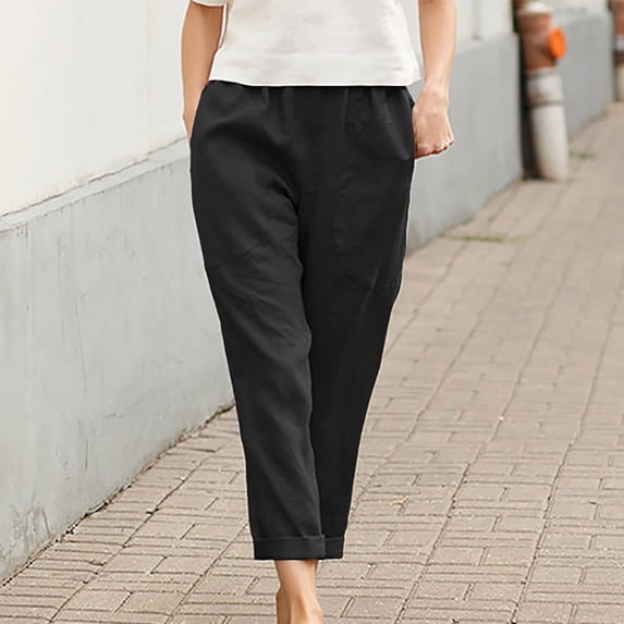 Mother's Day POROPL Linen Pants Women Elastic Waist Casual Pants Large Pocket Straight Leg Pants