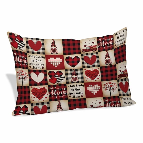 Mother's Day Pillow Covers, Linen Long Throw Pillow Case, Lovw Heart Gnomes Red Black Buffalo Plaid Holiday Pillow Protector Decorative Cushion Cover for Living Room/Bedroom 20" x 36"