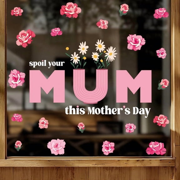 Mother's Day Pink Floral Static Cling Window Stickers Self Adhesive Glue Free Application Reusable High Definition Fade Resistant Printing for Glass Window Shop Display Home Door Showcase Decor