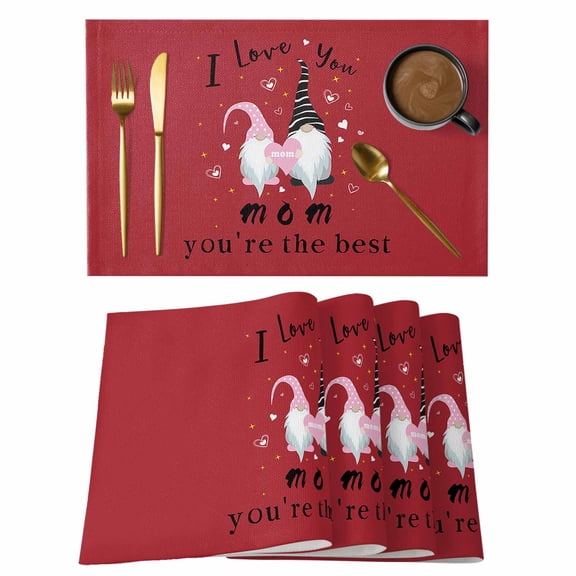 Mother's Day Placemats Set of 1, Best Mama Gnome Love Gift Red Non-Slip Place Mats Washable Table Mats for Kitchen Dining Table Decorations Indoor/Outdoor