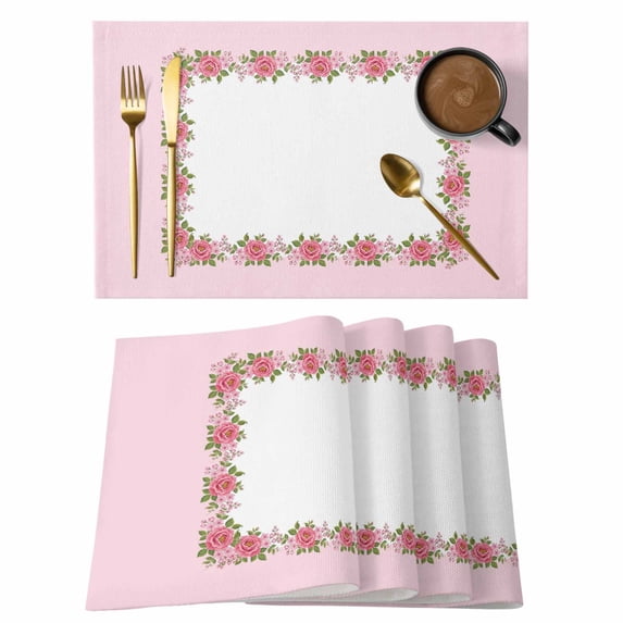 Mother's Day Placemats Set of 4, Watercolor Pink Flower Border Rustic Floral Leaf Non-Slip Place Mats Washable Table Mats for Kitchen Dining Table Decorations Indoor/Outdoor