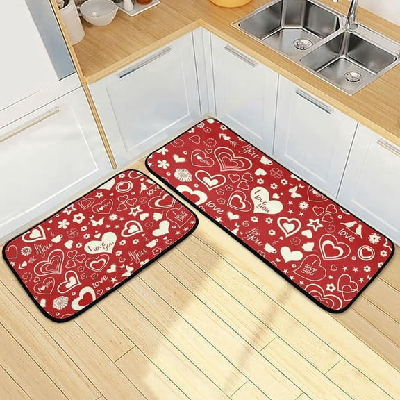 Mother''s Day Rug Kitchen Mat Red Love Hearts Kitchen Rug Set of 2 Cushioned Floor Mat Non Slip Washable Standing Desk Mats Anti Fatigue Doormat for Home Office Sink Laundry Hallway Entryway