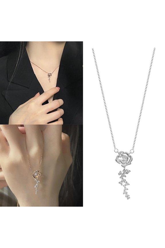 Mother's Day Sale- 925 Sterling Silver Rose Necklace Female French Vintage Flash Drill Small Clavicle Chain Light Simple Flower Collar