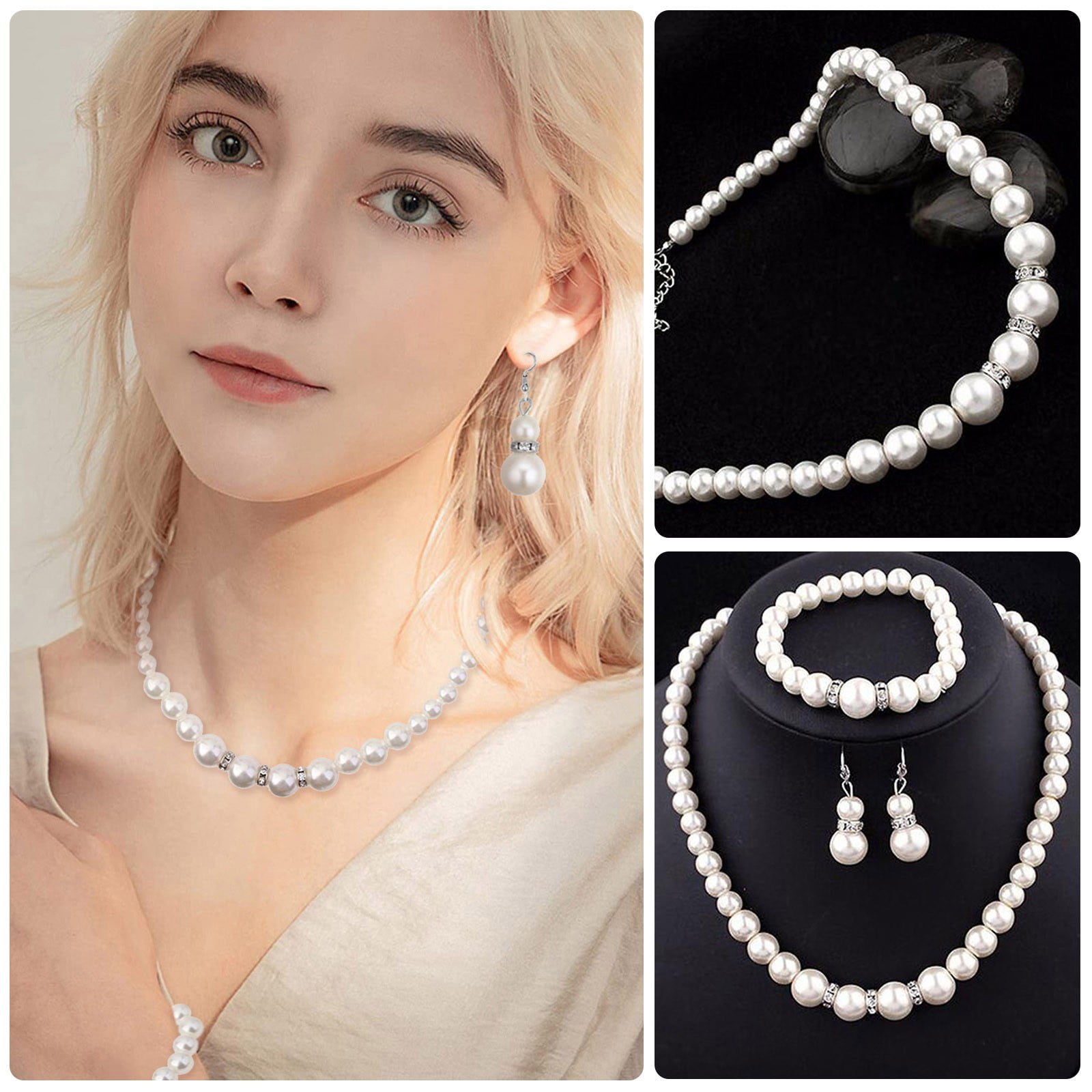 HUAZHAI Mother's Day Sale- Pearl Necklaces Earrings Bracelets Suit Three Piece Suit Sweet And Ladies Wedding Jewelry Set
