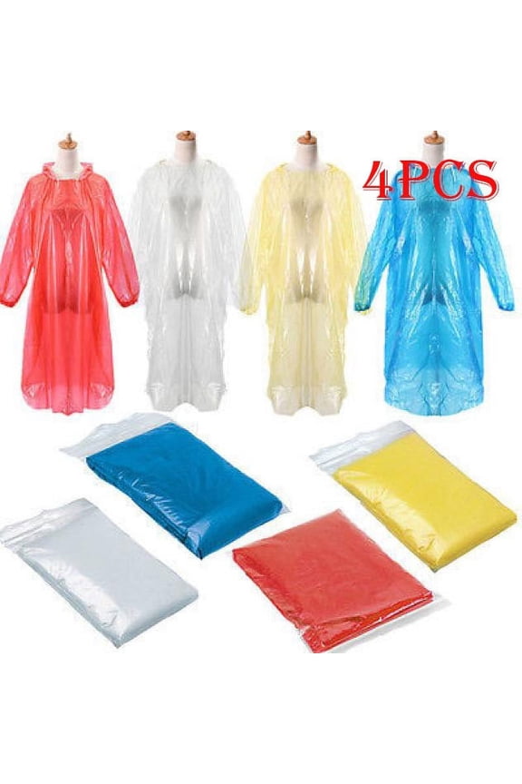 Mother's Day Sale- Poncho 4Pcs Camping Rain Adult Hood Emergency Coat Hiking Disposable Rain gear